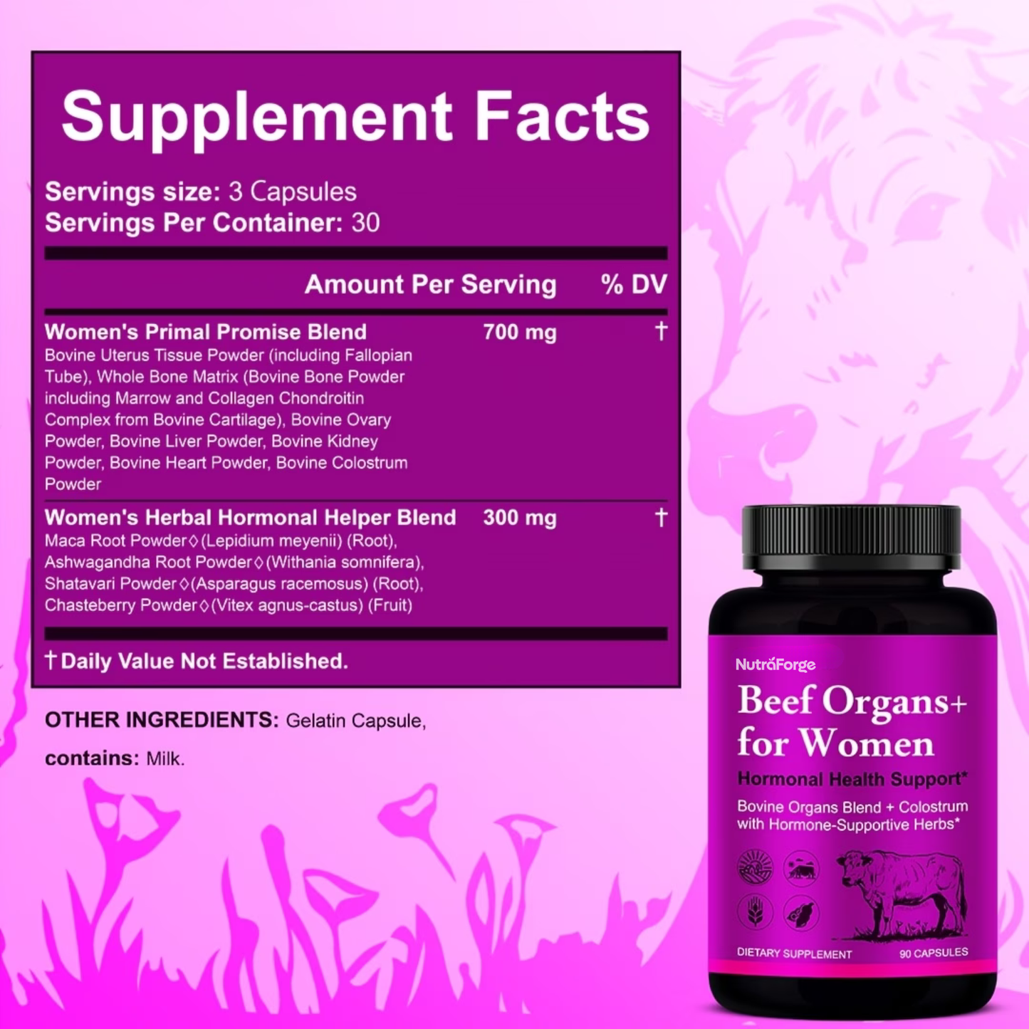 Grass Fed Beef Organ Supplement for Women, Natural Energy & Immune Support, 120 Capsules