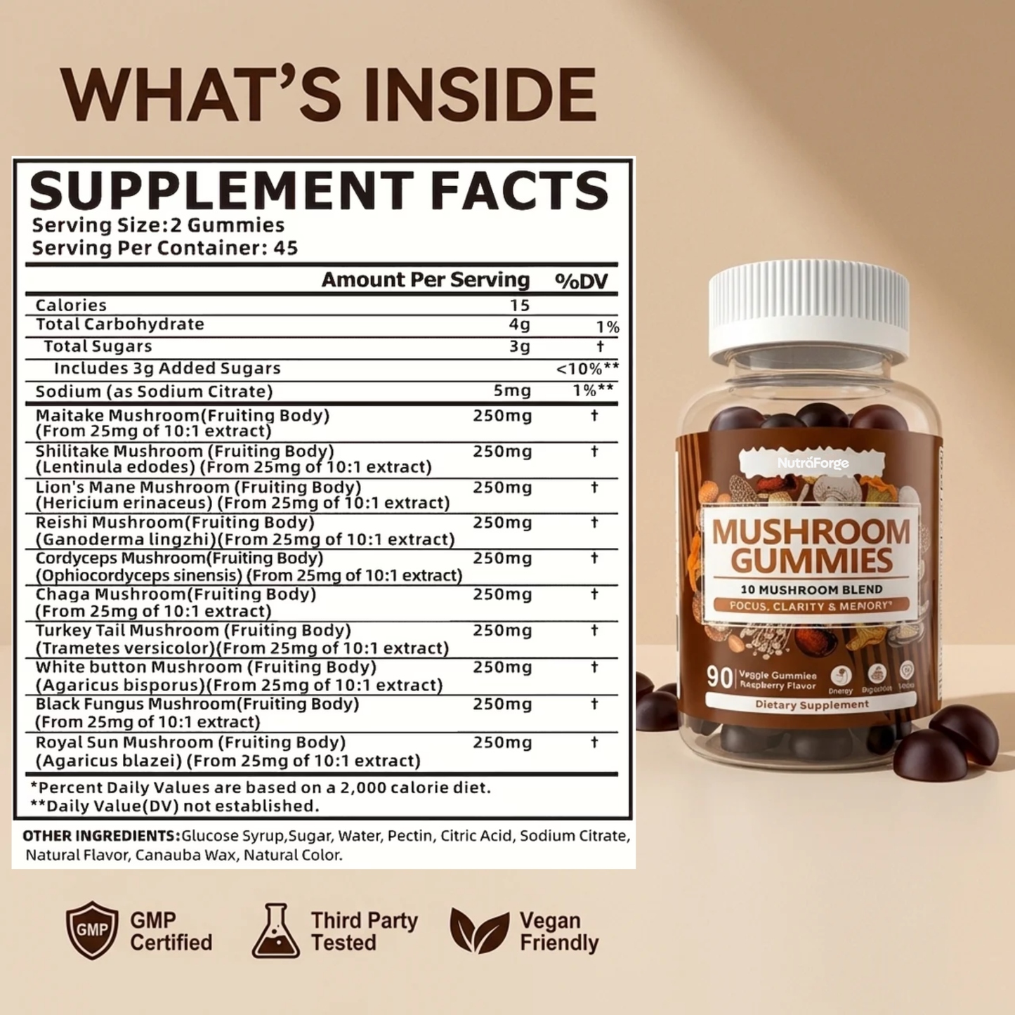 Mushroom Gummies 10 Blend Supplement, Immune Support, Focus, Memory & Energy, Raspberry Flavor, 90 Gummies