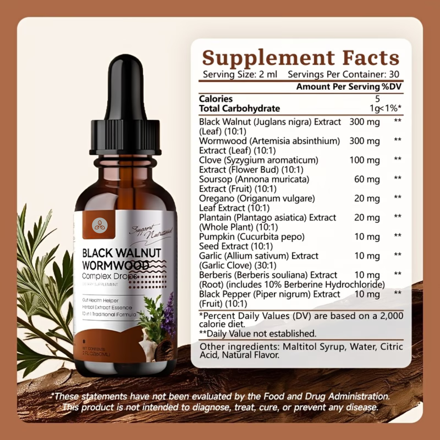 Black Walnut & Wormwood Tincture Drops – Gut, Digestive & Colon Support, 2 fl oz