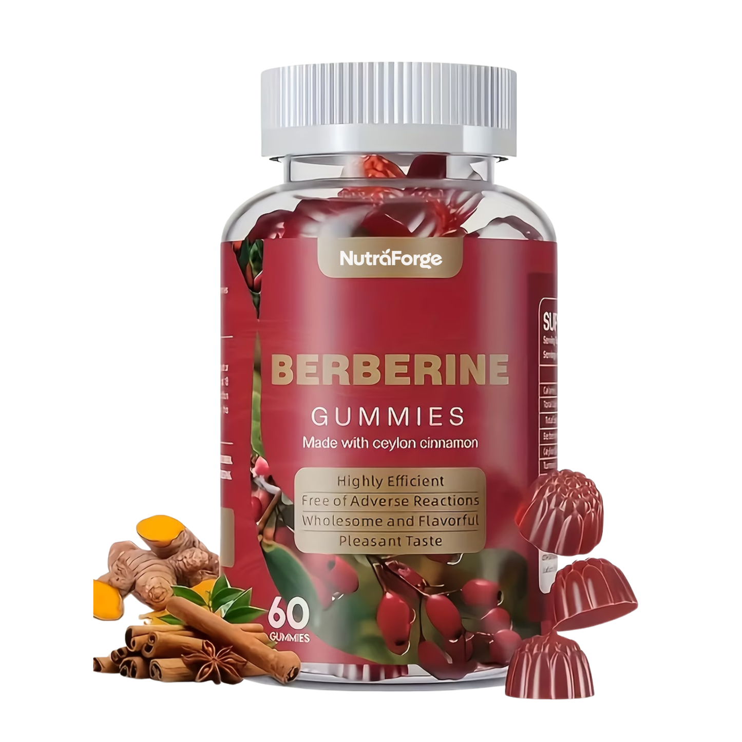 Berberine Gummies 1200mg with Ceylon Cinnamon, Raspberry Flavor, 60 Gummies