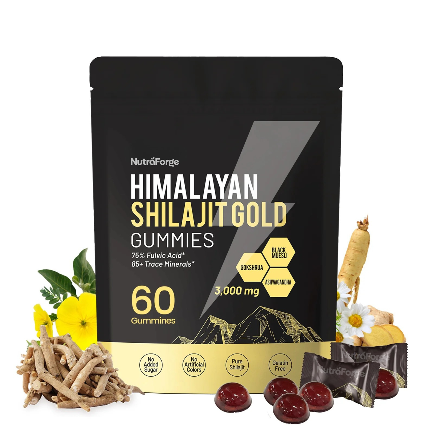 Himalayan Shilajit Gold Gummies, 3000mg Fulvic Acid & Trace Minerals Energy Support, 60 Gummies