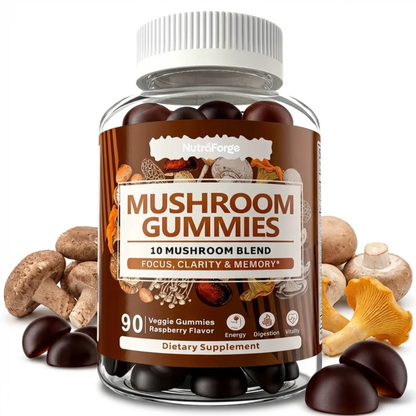 Mushroom Gummies 10 Blend Supplement, Immune Support, Focus, Memory & Energy, Raspberry Flavor, 90 Gummies
