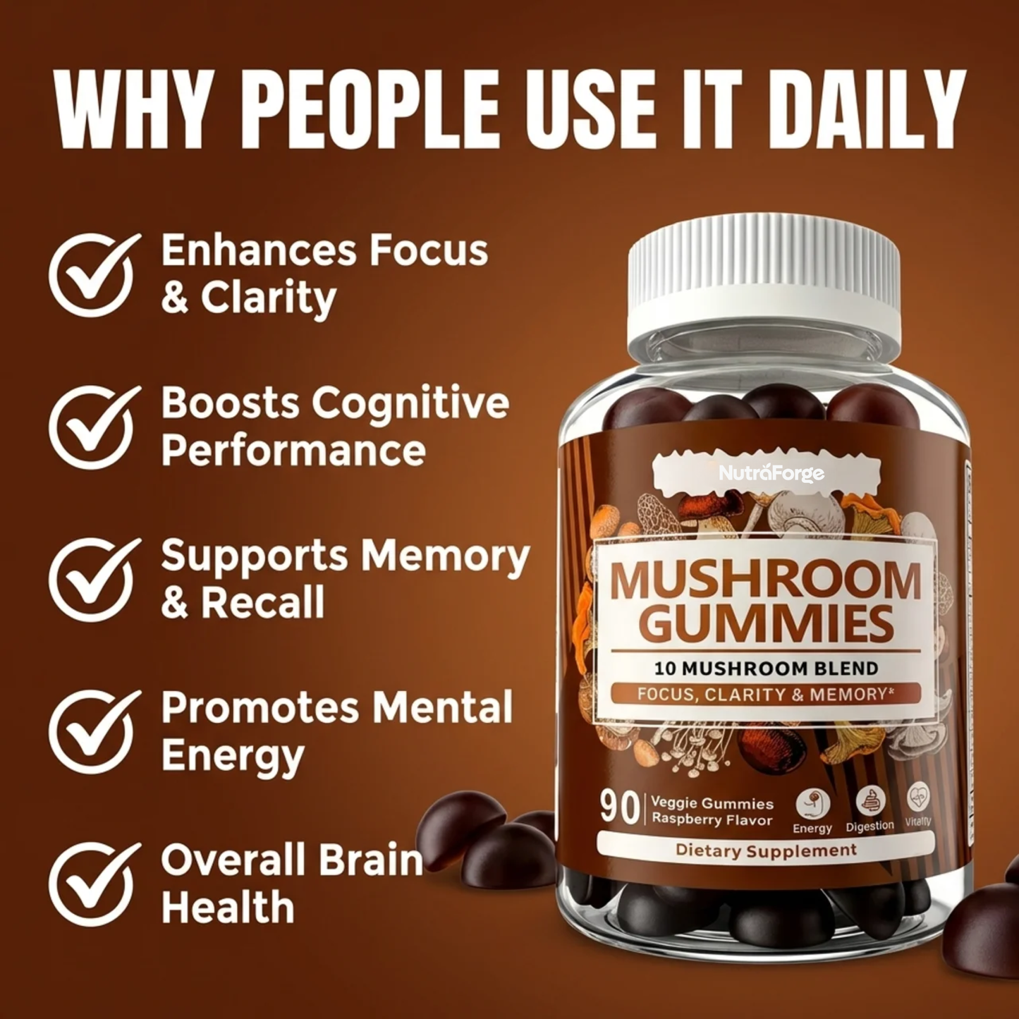 Mushroom Gummies 10 Blend Supplement, Immune Support, Focus, Memory & Energy, Raspberry Flavor, 90 Gummies