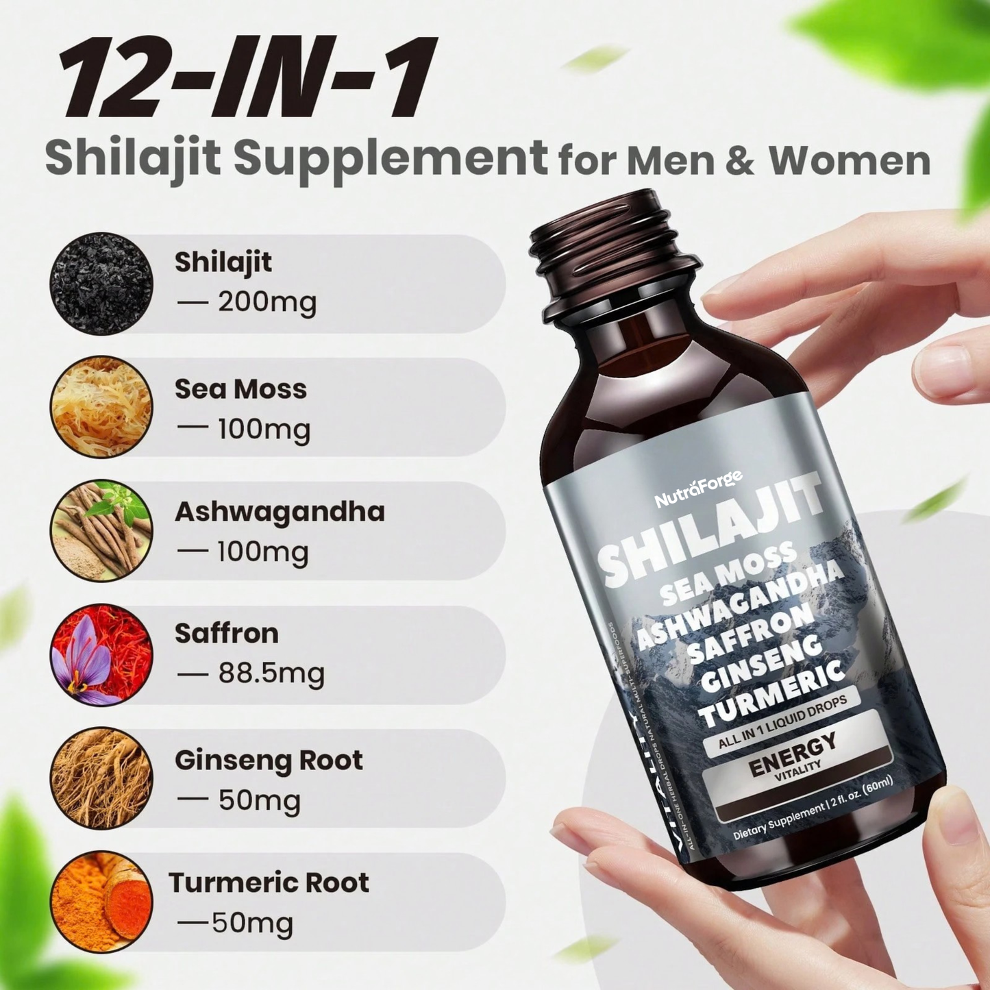 Shilajit Sea Moss Ashwagandha Liquid Drops, Energy, Vitality & Herbal Adaptogen Complex, 60ml