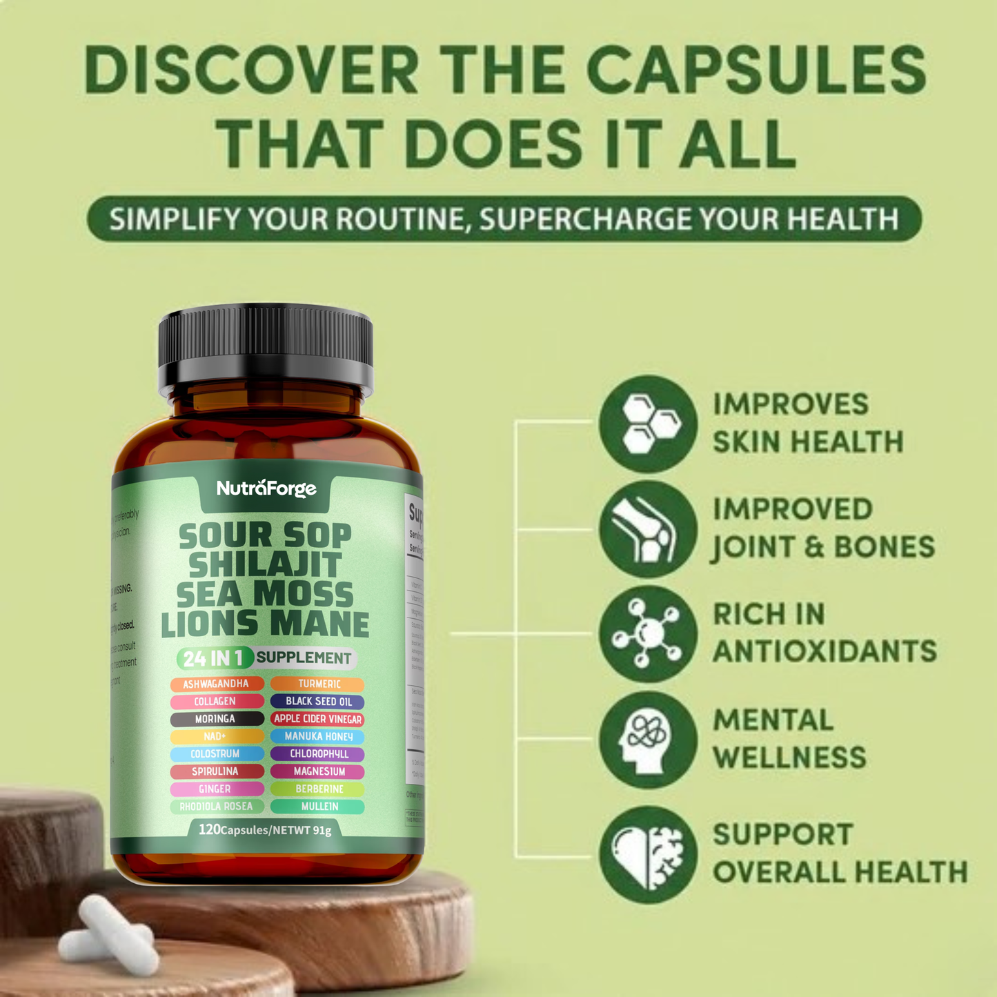 24-in-1 Soursop, Shilajit, Sea Moss & Lion’s Mane Supplement, Natural Energy, Immune & Brain Support, 120 Capsules