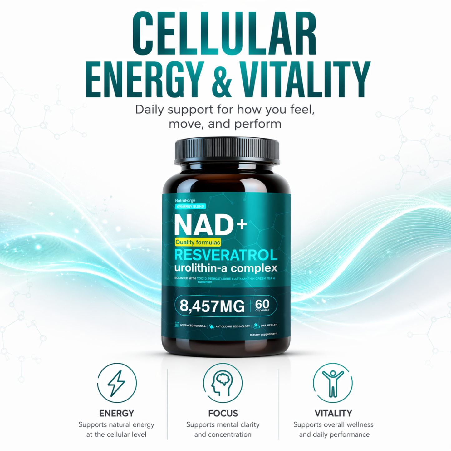 NAD+ Resveratrol Urolithin-A Complex, Advanced Cellular Energy, Focus & Healthy Aging Support, 60 Capsules