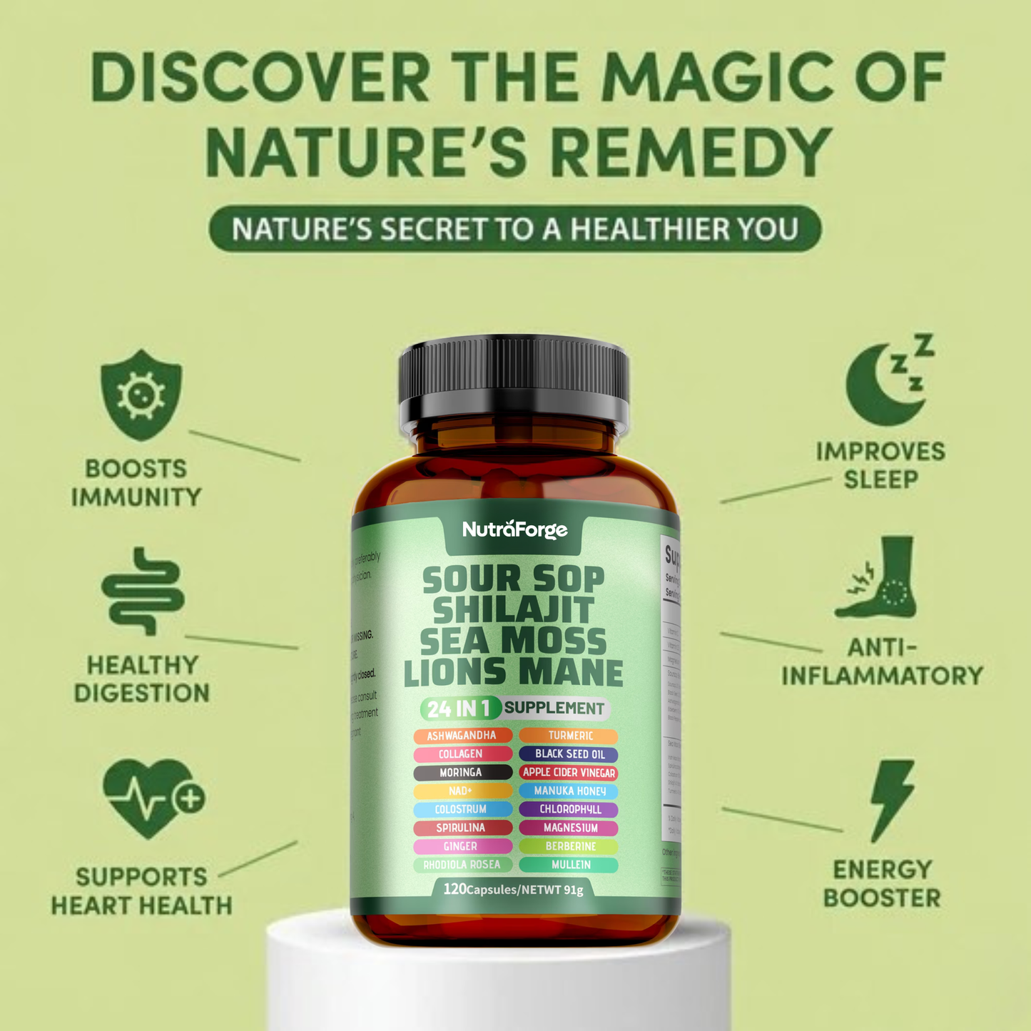 24-in-1 Soursop, Shilajit, Sea Moss & Lion’s Mane Supplement, Natural Energy, Immune & Brain Support, 120 Capsules