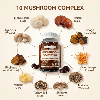 Mushroom Gummies 10 Blend Supplement, Immune Support, Focus, Memory & Energy, Raspberry Flavor, 90 Gummies