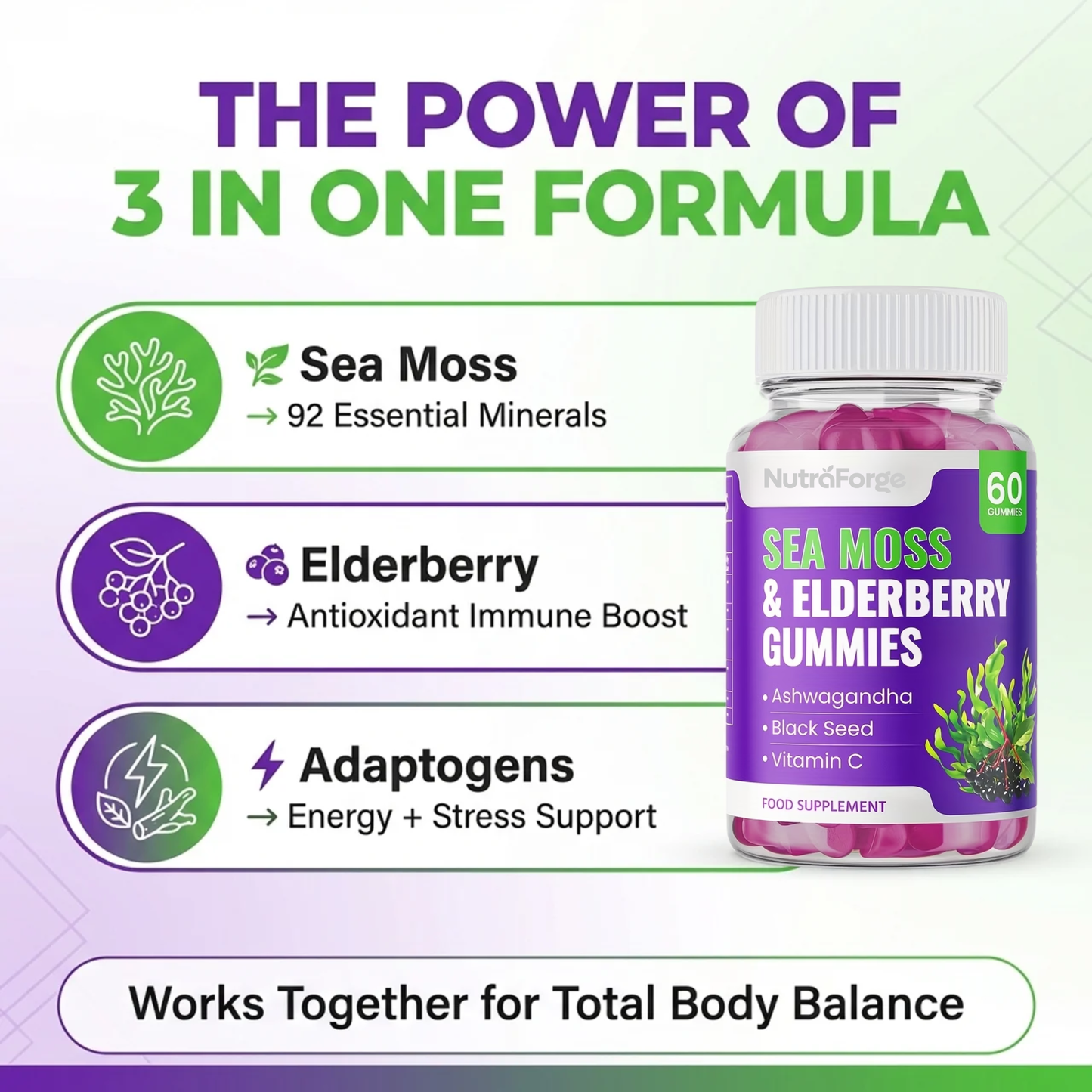 Sea Moss Gummies with Elderberry – Immune Support & Natural Energy, Grape Flavor, 60 Gummies