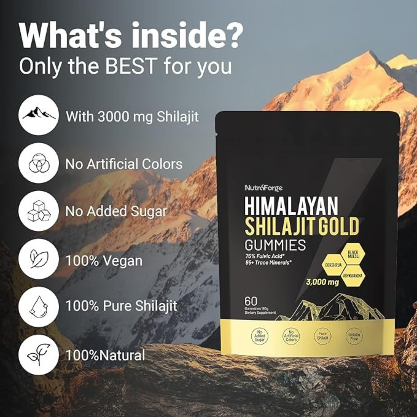 Himalayan Shilajit Gold Gummies, 3000mg Fulvic Acid & Trace Minerals Energy Support, 60 Gummies
