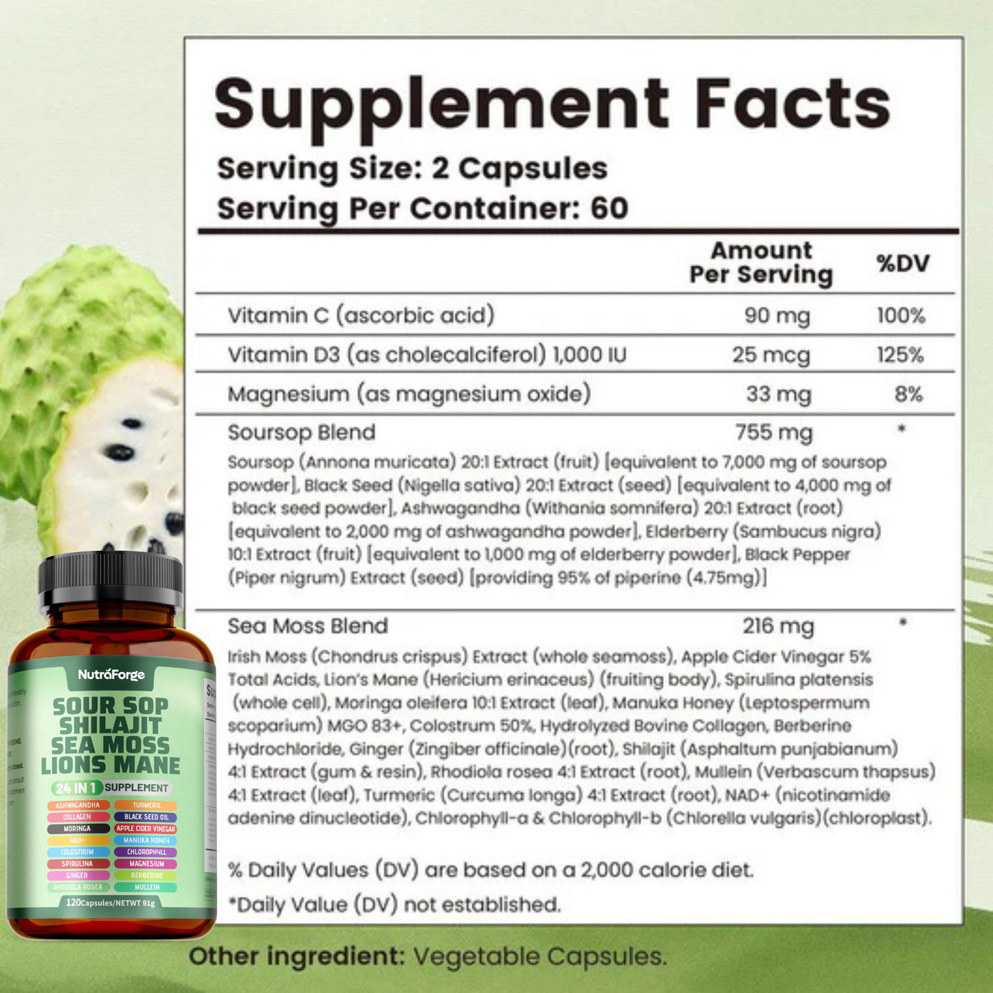 24-in-1 Soursop, Shilajit, Sea Moss & Lion’s Mane Supplement, Natural Energy, Immune & Brain Support, 120 Capsules