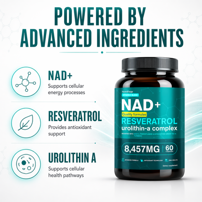 NAD+ Resveratrol Urolithin-A Complex, Advanced Cellular Energy, Focus & Healthy Aging Support, 60 Capsules