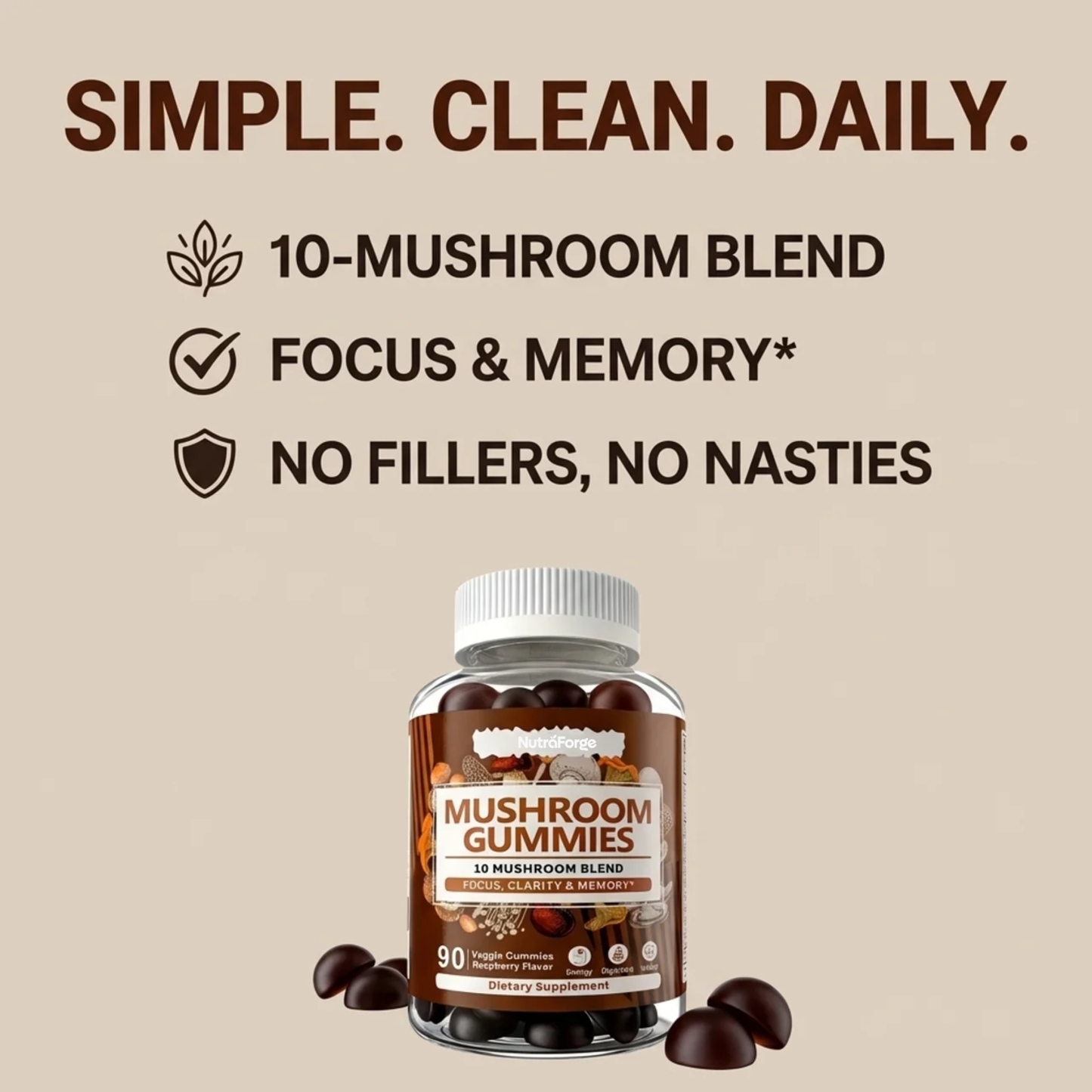 Mushroom Gummies 10 Blend Supplement, Immune Support, Focus, Memory & Energy, Raspberry Flavor, 90 Gummies