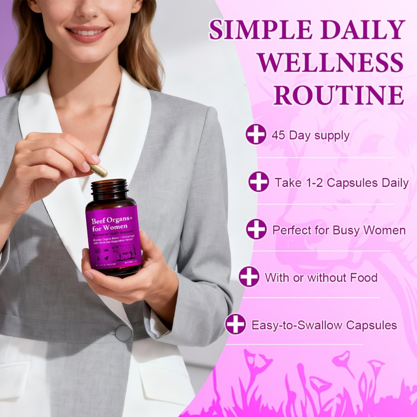Grass Fed Beef Organ Supplement for Women, Natural Energy & Immune Support, 120 Capsules