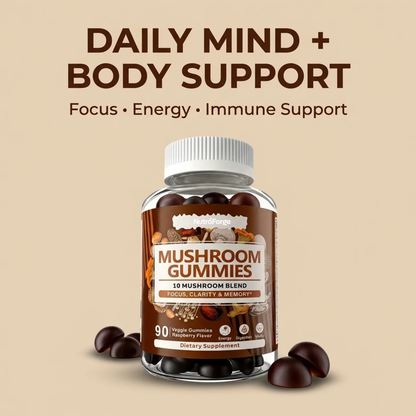 Mushroom Gummies 10 Blend Supplement, Immune Support, Focus, Memory & Energy, Raspberry Flavor, 90 Gummies