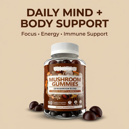 Mushroom Gummies 10 Blend Supplement, Immune Support, Focus, Memory & Energy, Raspberry Flavor, 90 Gummies