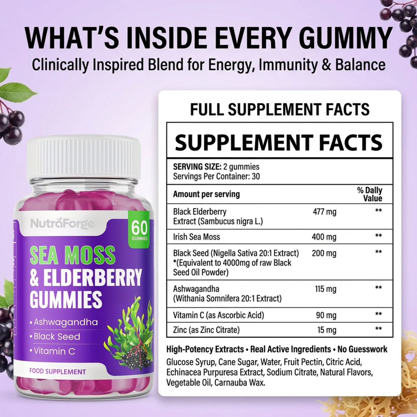 Sea Moss Gummies with Elderberry – Immune Support & Natural Energy, Grape Flavor, 60 Gummies