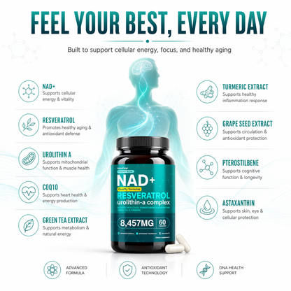 NAD+ Resveratrol Urolithin-A Complex, Advanced Cellular Energy, Focus & Healthy Aging Support, 60 Capsules