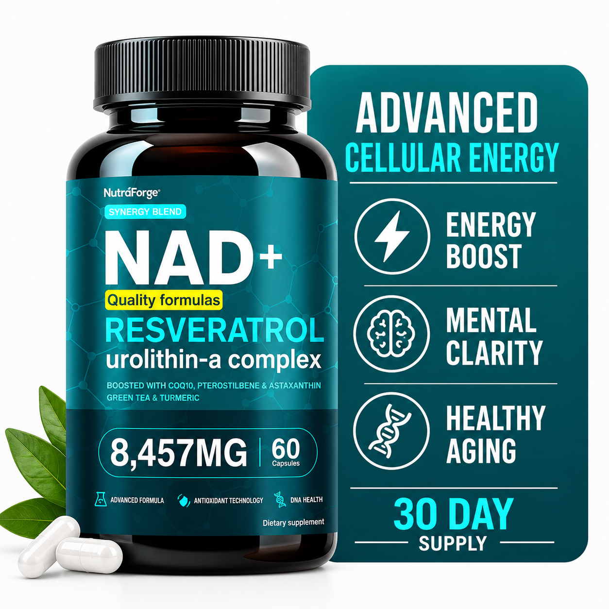 NAD+ Resveratrol Urolithin-A Complex, Advanced Cellular Energy, Focus & Healthy Aging Support, 60 Capsules