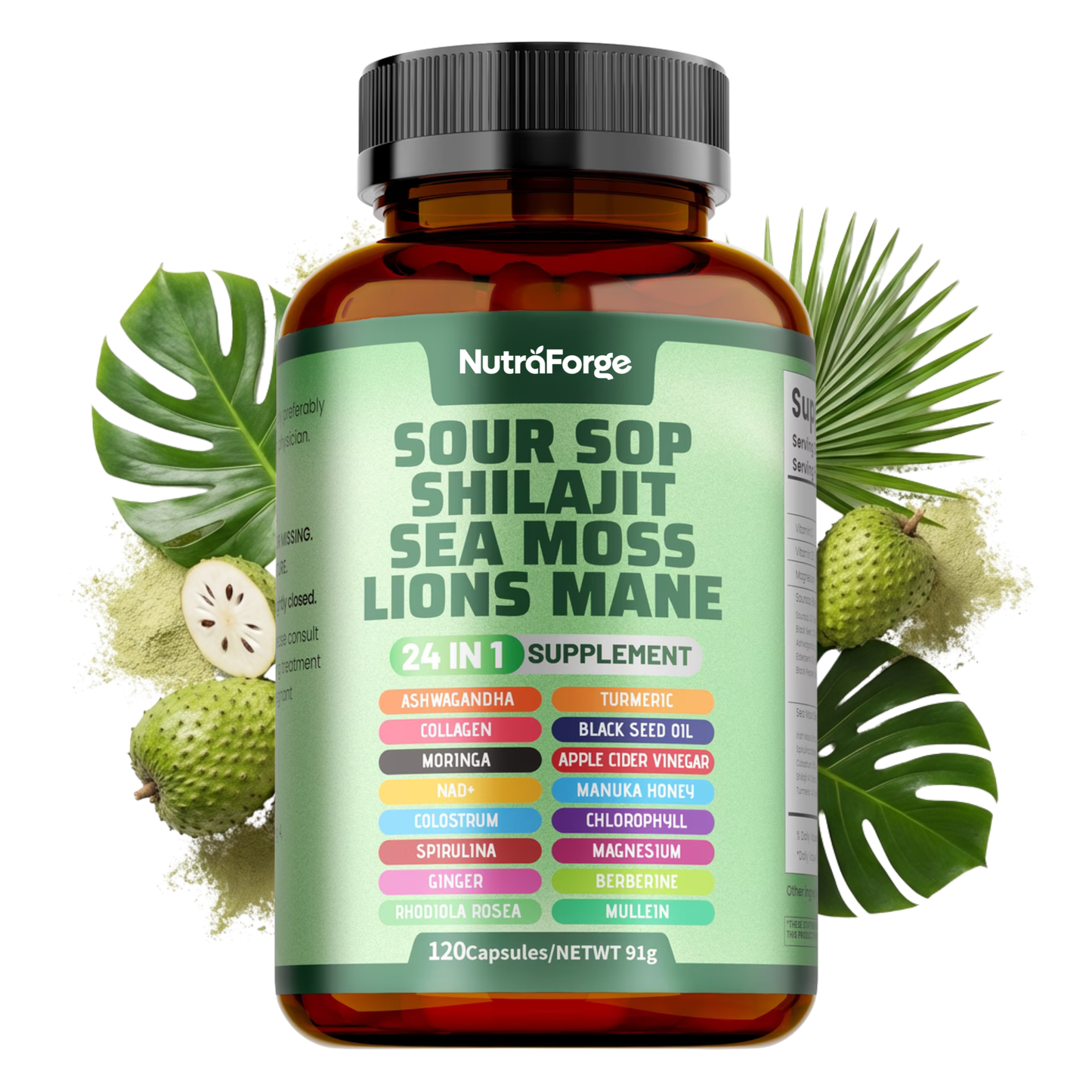 24-in-1 Soursop, Shilajit, Sea Moss & Lion’s Mane Supplement, Natural Energy, Immune & Brain Support, 120 Capsules